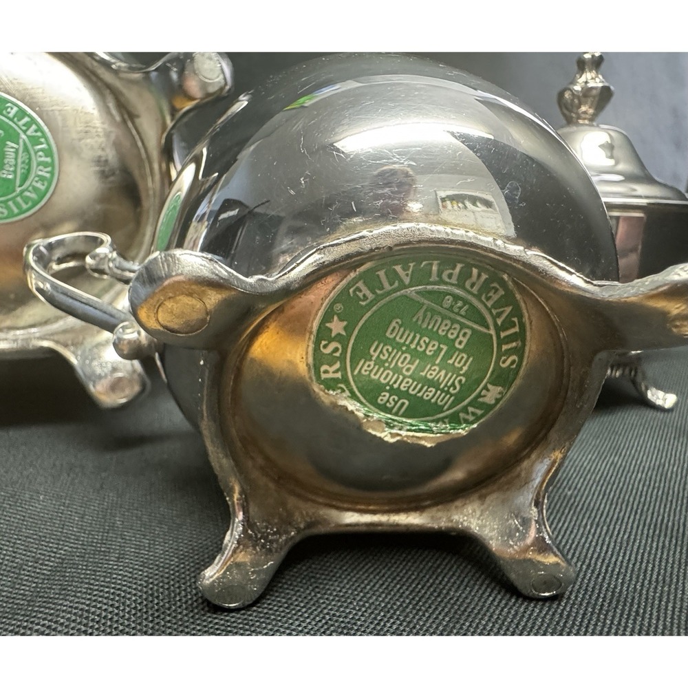 W.M.Rogers Silver Plated Coffee/Tea Pot Sugar Bowl With Lid & Creamer Set - Picture 10 of 13